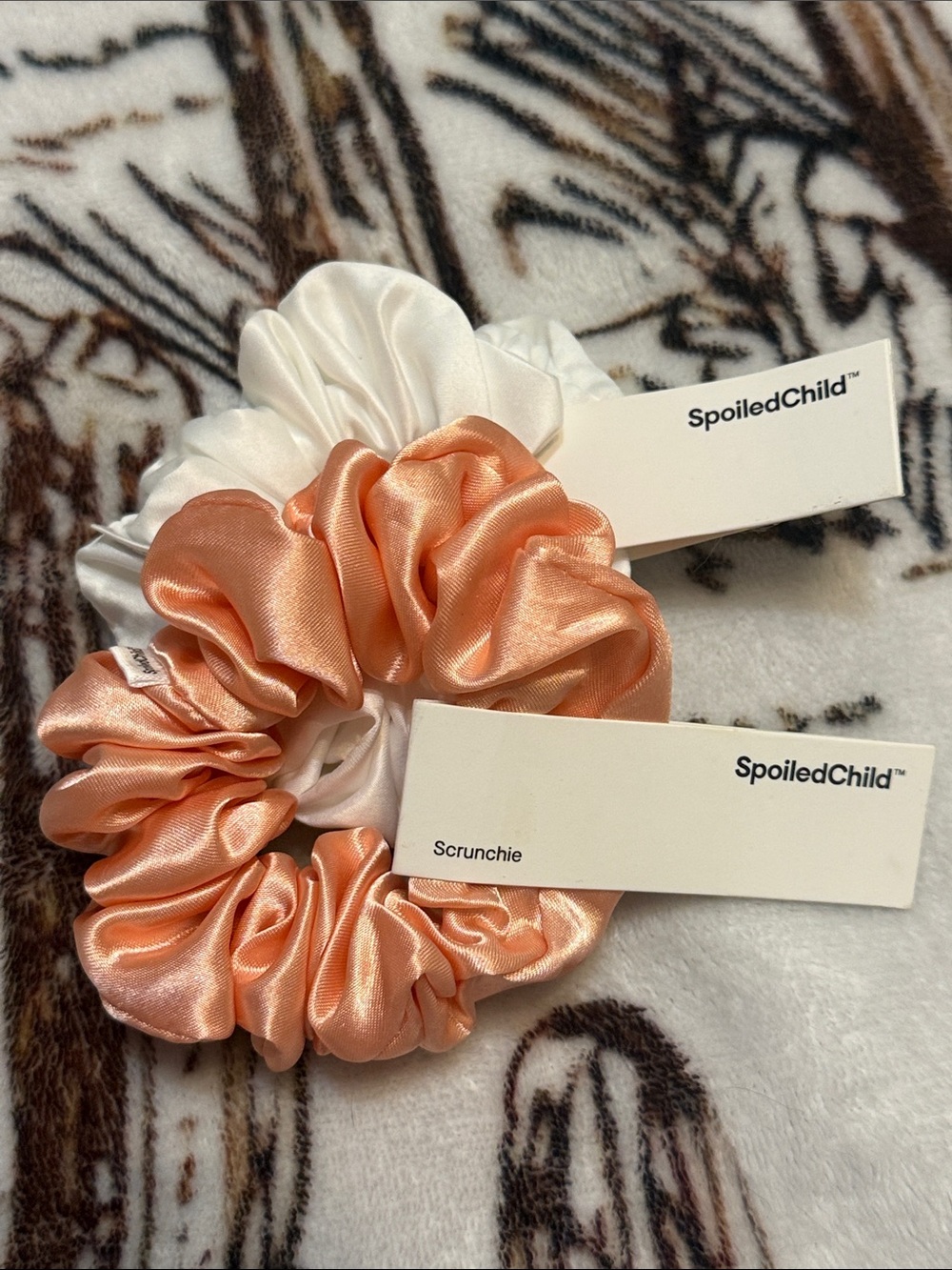 Spoiled Child Satin Scrunchie Duo - White & Peach